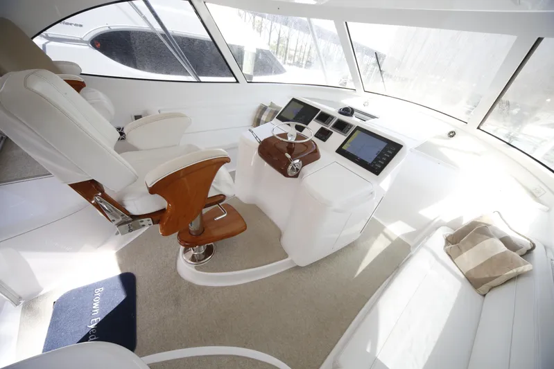  Yacht Photos Pics Interior of 2014 Viking 42 Sport Tower yacht with modern helm and seating.