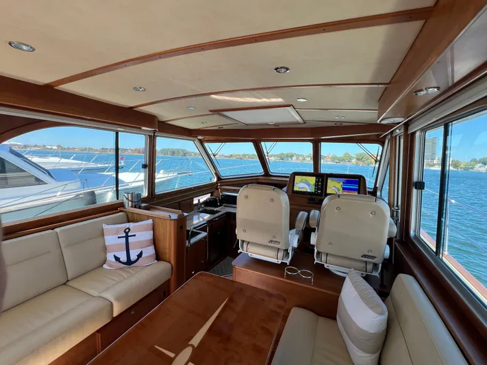 Family Affair Ix Yacht Photos Pics Interior of 2018 Sabre 45 Salon Express yacht with luxurious seating and navigation equipment.
