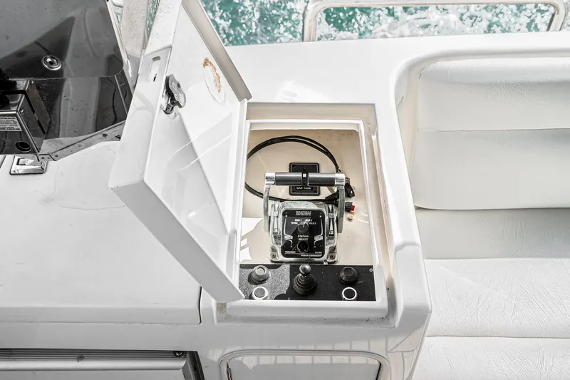 Freedom Yacht Photos Pics Control panel on 2002 McKinna 57 Pilothouse yacht, featuring switches and wiring.