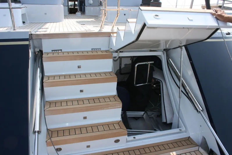 Assai Yacht Photos Pics Staircase on Alia Yachts Warwick 82 LK, 2011 model, leading to lower deck.