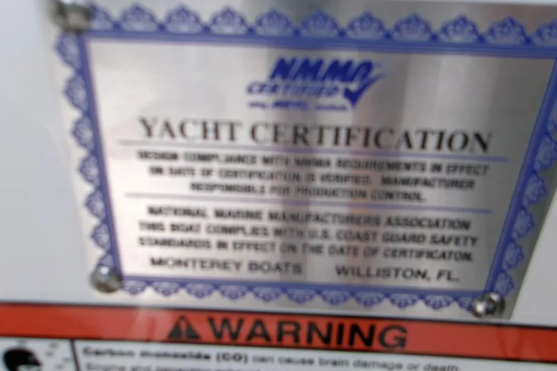  Yacht Photos Pics Yacht certification plaque for 2026 Monterey Elite 30 OB, indicating compliance with safety standards.