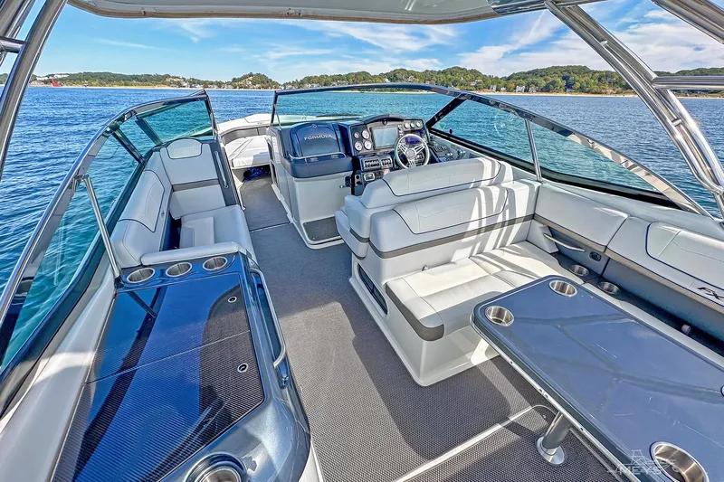  Yacht Photos Pics 2018 Formula 350 FX Crossover Bowrider interior with luxurious seating and modern dashboard.