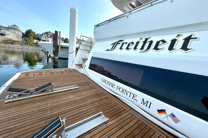Freiheit Yacht Photos Pics Luxury yacht "Freiheit" docked in Grosse Pointe, MI, Prestige 590, 2020 model.