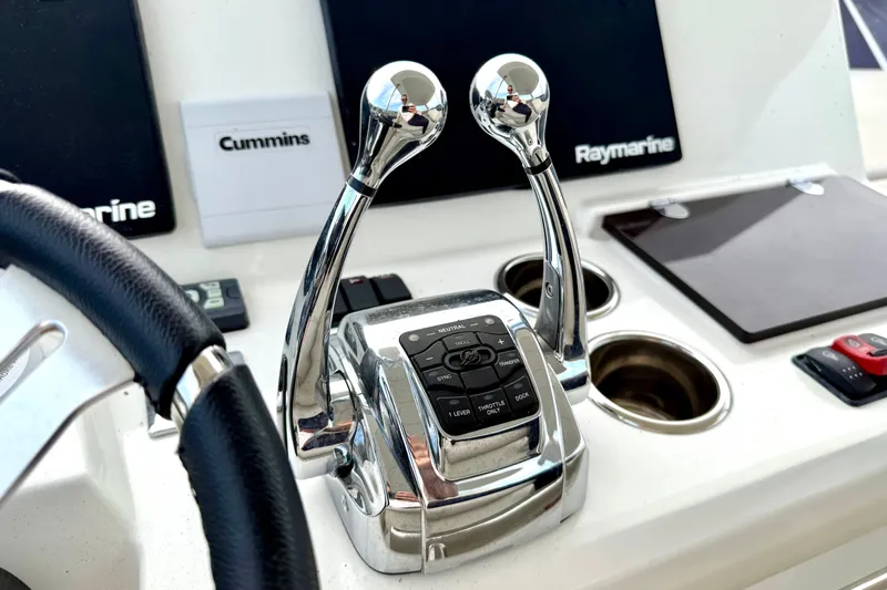 Freiheit Yacht Photos Pics Control panel of a 2020 Prestige 590 yacht with Cummins and Raymarine systems.