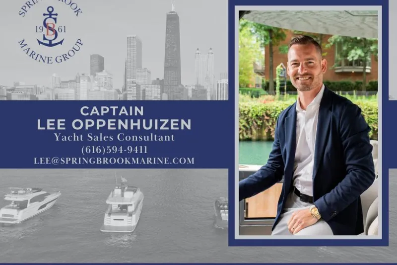 Freiheit Yacht Photos Pics ```json "Yacht sales consultant with city skyline, Prestige 590 yacht, and contact details." ```