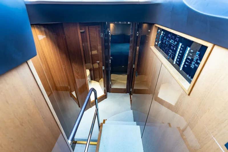 Sea Bandit Yacht Photos Pics Interior view of 2015 Princess 56 Flybridge Motor Yacht, featuring wooden paneling and control panel.