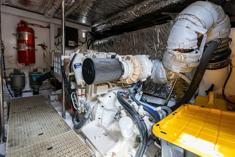 Sea Bandit Yacht Photos Pics Engine room of 2015 Princess 56 Flybridge Motor Yacht, featuring advanced machinery and equipment.