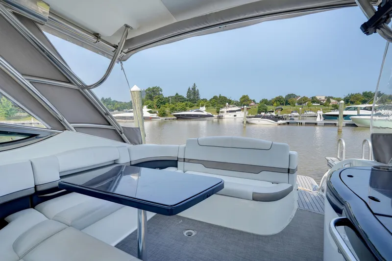 Have A Nice Life Yacht Photos Pics Luxurious 2017 Formula 370 Super Sport yacht interior with marina view.