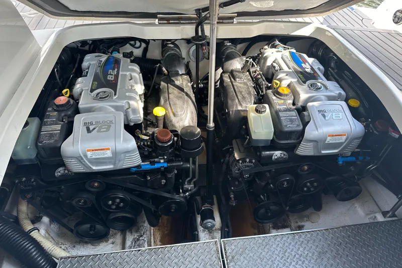 Have A Nice Life Yacht Photos Pics Engine compartment of a 2017 Formula 370 Super Sport boat, featuring dual V8 engines.