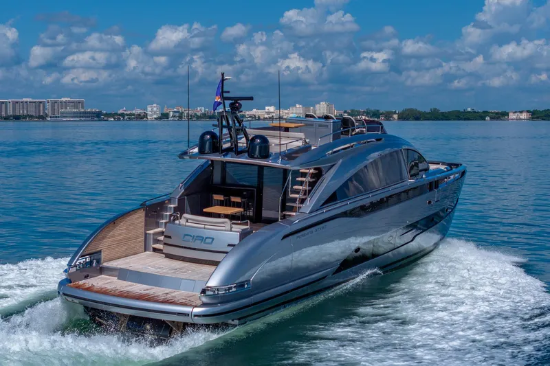 Ciao Yacht Photos Pics Luxury Pershing GTX 80 yacht cruising on a sunny day, 2025 model.