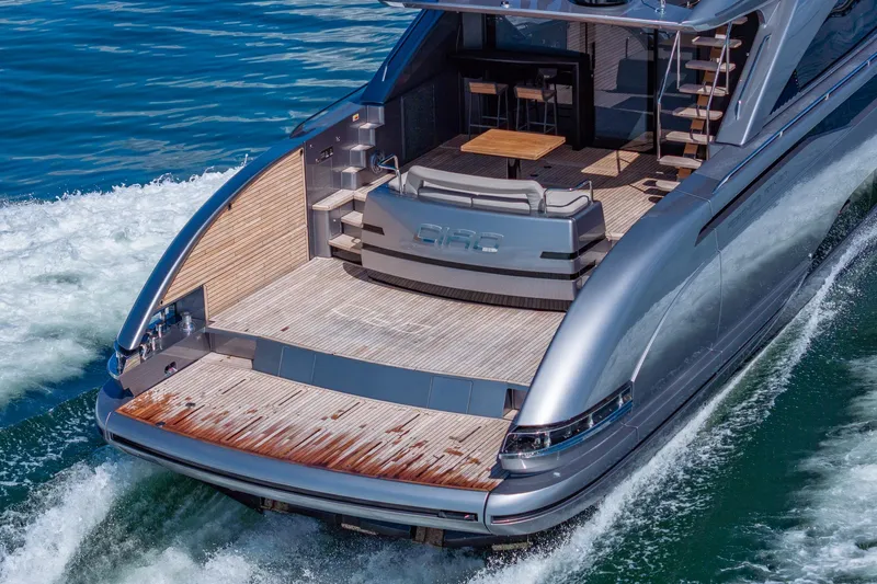 Ciao Yacht Photos Pics Luxury Pershing GTX 80 yacht cruising on water, showcasing sleek design and spacious deck, 2025 model.