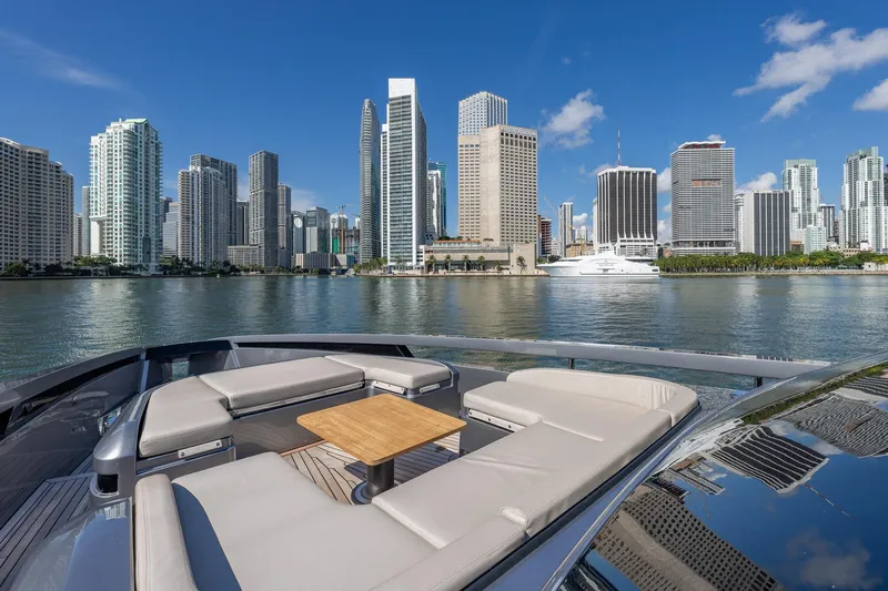 Ciao Yacht Photos Pics Luxury Pershing GTX 80 yacht with city skyline backdrop, 2025 model.