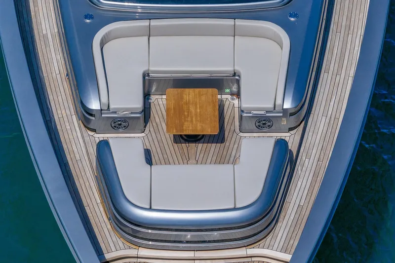 Ciao Yacht Photos Pics Aerial view of 2025 Pershing GTX 80 yacht's elegant deck seating area.