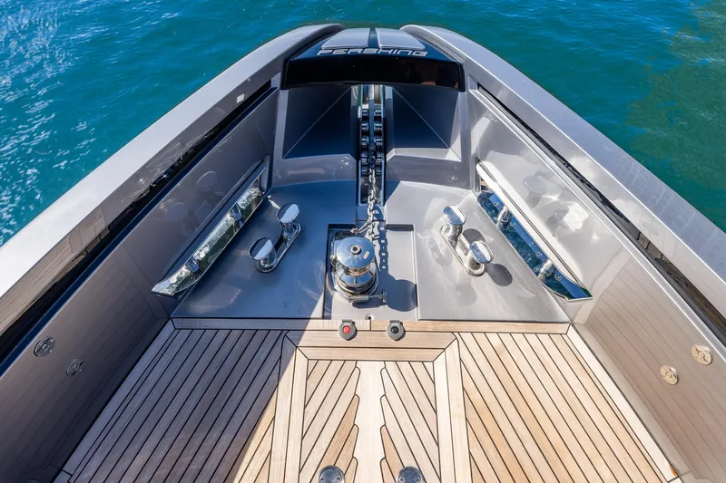 Ciao Yacht Photos Pics Bow view of 2025 Pershing GTX 80 yacht with sleek deck design and anchor system.