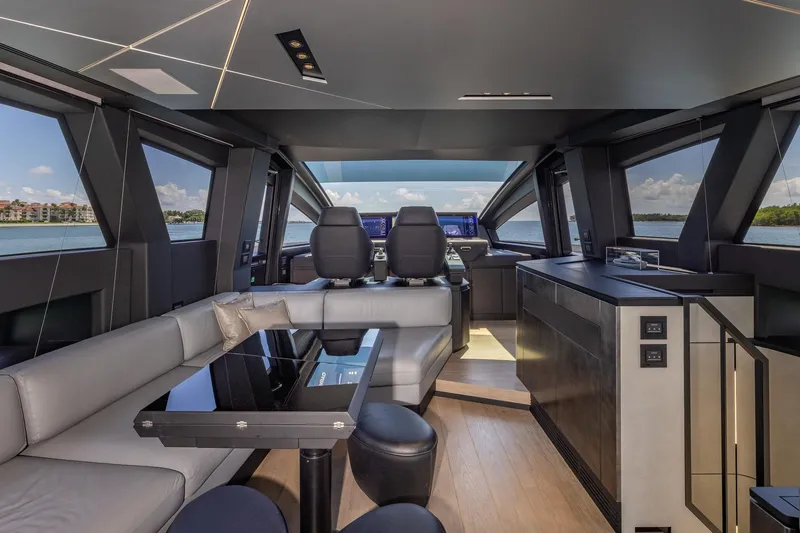 Ciao Yacht Photos Pics Luxurious interior of 2025 Pershing GTX 80 yacht with modern design and panoramic windows.