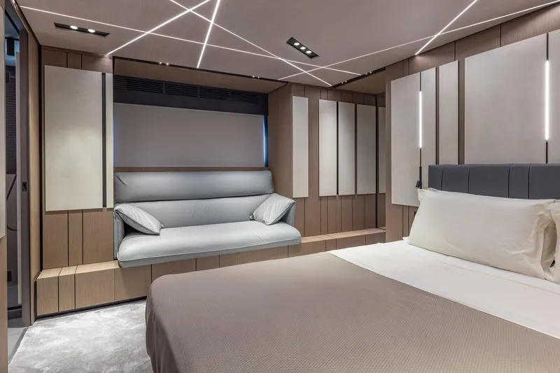 Ciao Yacht Photos Pics Luxurious interior of 2025 Pershing GTX 80 yacht with modern design and elegant furnishings.