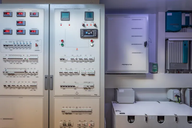 Ciao Yacht Photos Pics Control panel of 2025 Pershing GTX 80 yacht, featuring advanced monitoring systems.