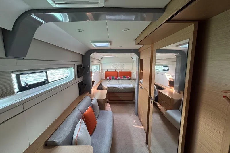  Yacht Photos Pics Luxurious interior of 2021 Excess 15 yacht with modern furnishings and cozy bedroom.