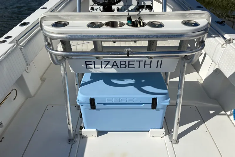Elizabeth II Yacht Photos Pics 2001 Contender 31 Open boat interior with "Elizabeth II" nameplate and blue Engel cooler.