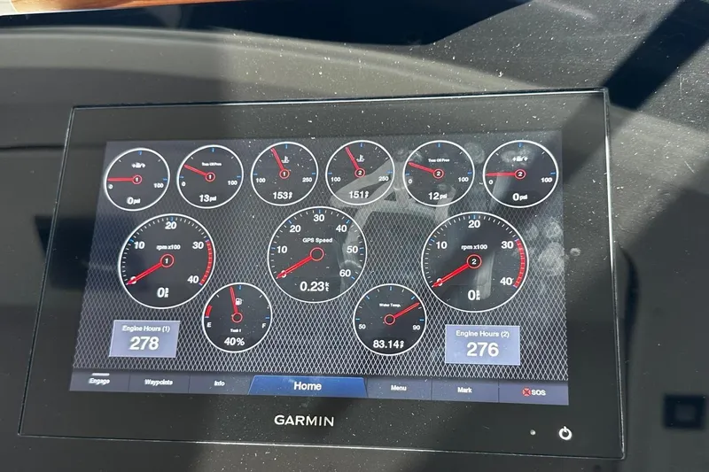  Yacht Photos Pics Garmin display on 2022 Tiara Yachts C39 Coupe showing engine metrics and GPS speed.