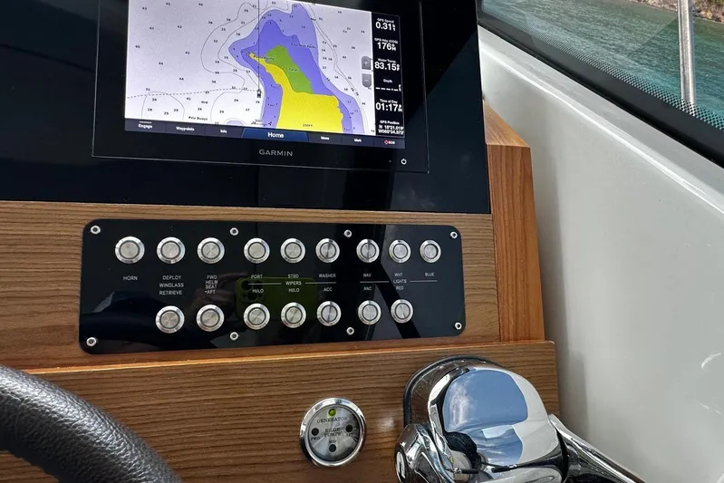  Yacht Photos Pics Control panel of 2022 Tiara Yachts C39 Coupe with Garmin navigation display.