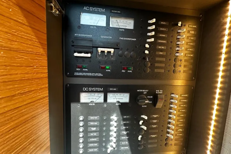  Yacht Photos Pics Electrical control panel on 2022 Tiara Yachts C39 Coupe, featuring AC and DC systems.