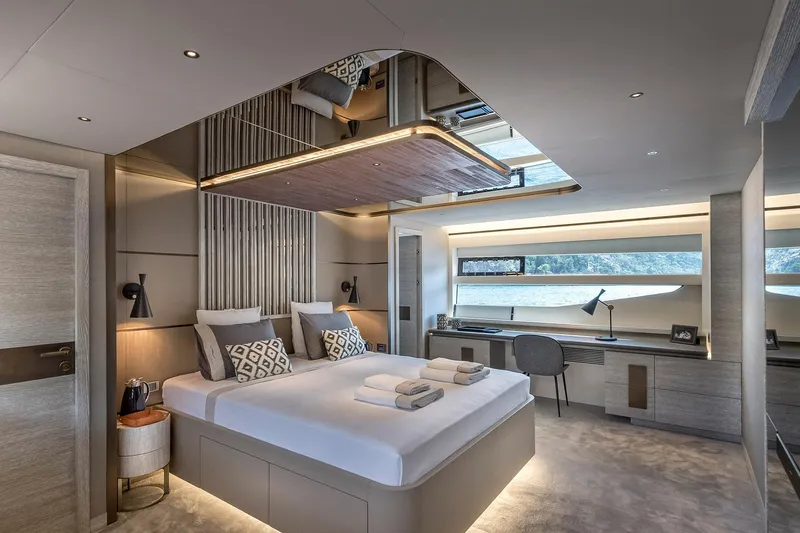 Numarine 26xp Yacht Photos Pics Luxurious interior of 2025 Numarine 26XP yacht bedroom with modern design and elegant furnishings.