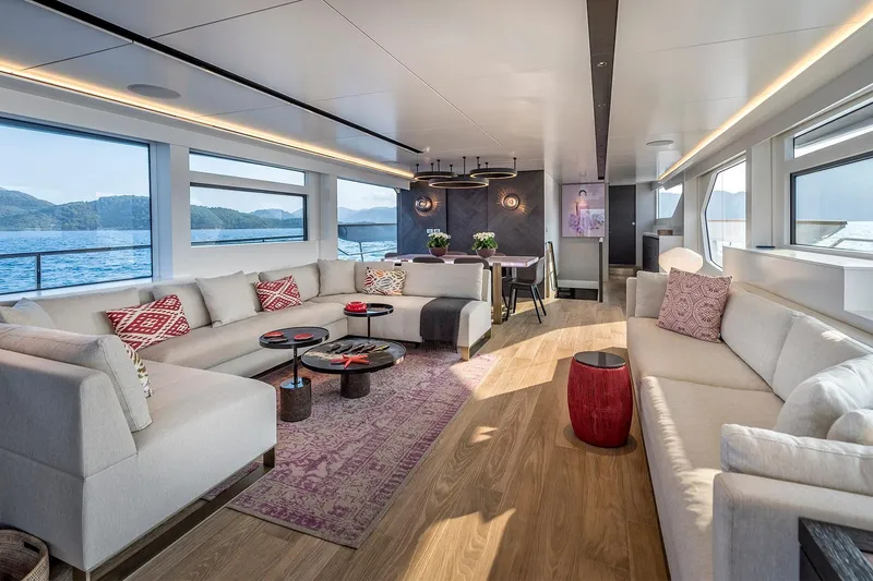 Numarine 26xp Yacht Photos Pics Luxurious interior of 2025 Numarine 26XP yacht with elegant seating and panoramic windows.