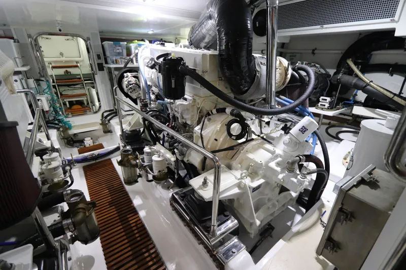 Mi Cielo Yacht Photos Pics Engine room of 2017 Marlow Explorer 49E yacht, showcasing machinery and equipment.