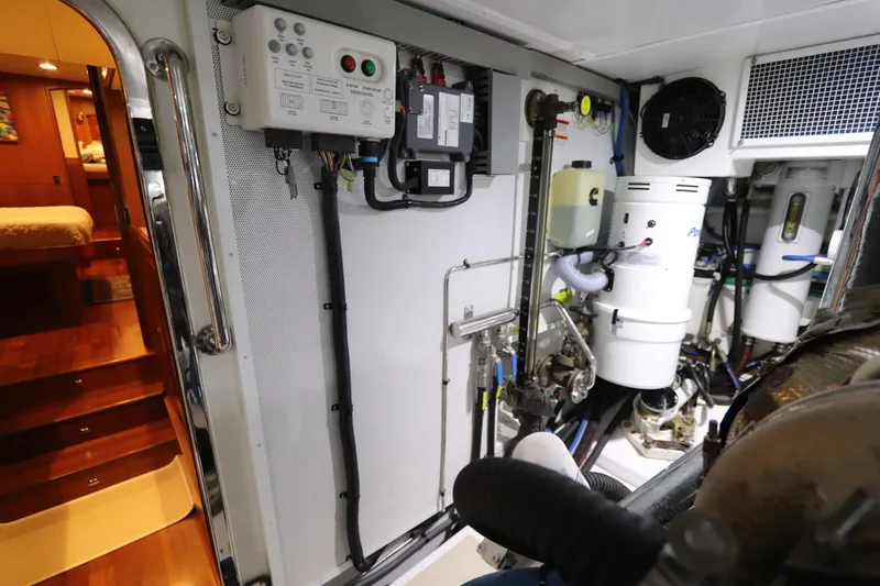 Mi Cielo Yacht Photos Pics Engine room of 2017 Marlow Explorer 49E yacht, featuring control panels and machinery.
