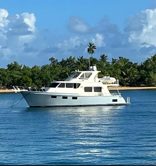 Mi Cielo Yacht Photos Pics 2017 Marlow Explorer 49E yacht anchored near tropical island with lush greenery and blue skies.