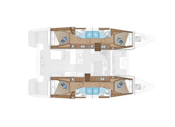 As You Wish Yacht Photos Pics Floor plan of a 2020 Lagoon 46 catamaran, featuring cabins and living areas.