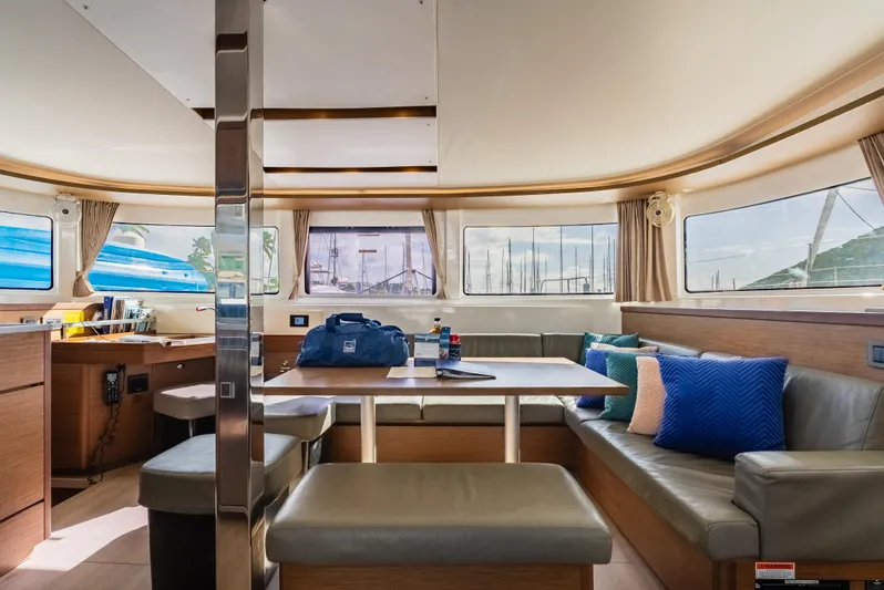 As You Wish Yacht Photos Pics Interior of 2020 Lagoon 46 catamaran with modern seating and large windows.