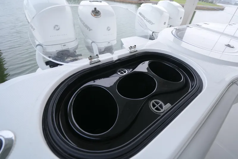 Catallac Yacht Photos Pics 2023 Invincible 46 Catamaran with cup holders and Mercury outboard engines.