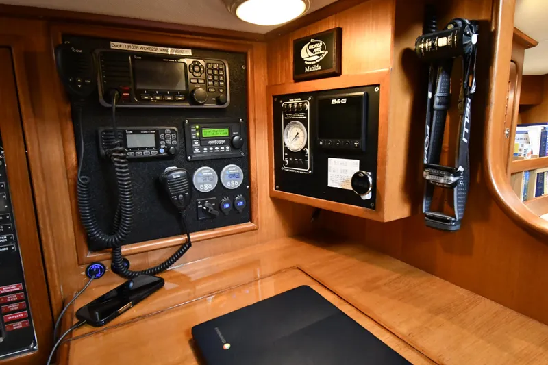 Matilida Yacht Photos Pics Navigation equipment on a 2002 Hylas 46 yacht, featuring communication and control panels.
