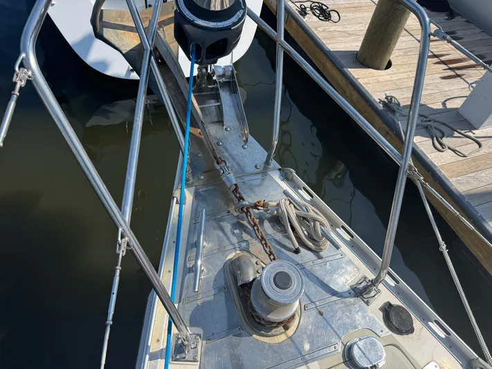 Matilida Yacht Photos Pics Bow of 2002 Hylas 46 sailboat with anchor and winch at dock.
