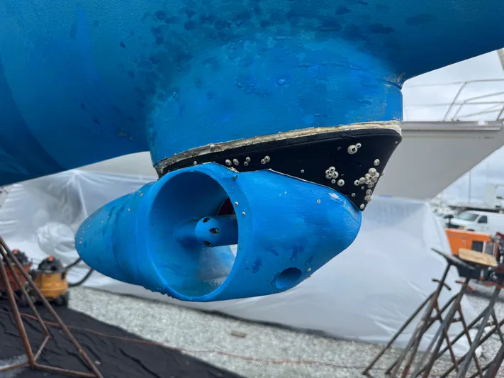 Matilida Yacht Photos Pics Close-up of a 2002 Hylas 46 sailboat propeller with barnacles attached.