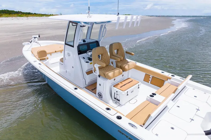  Yacht Photos Pics Manufacturer Provided Image: 2025 Sportsman Masters 267 Bay Boat on sandy beach, featuring sleek design and modern amenities.