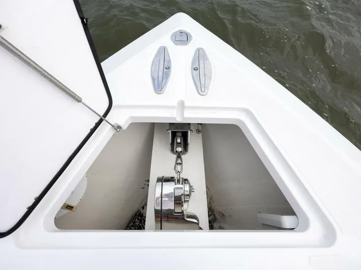 Bill Time Yacht Photos Pics Anchor compartment of 2016 Bahama 41 boat with open hatch.