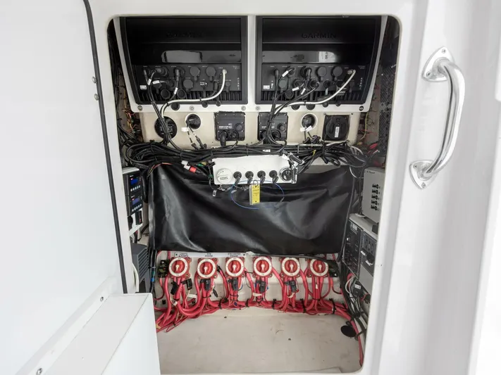 Bill Time Yacht Photos Pics Electrical panel of 2016 Bahama 41 boat with organized wiring and controls.