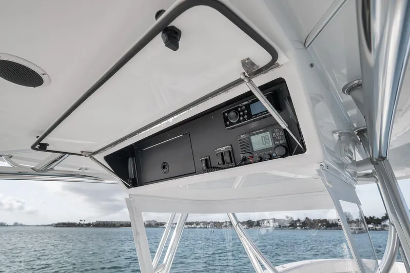 Bill Time Yacht Photos Pics 2016 Bahama 41 boat electronics panel with radio and navigation equipment.