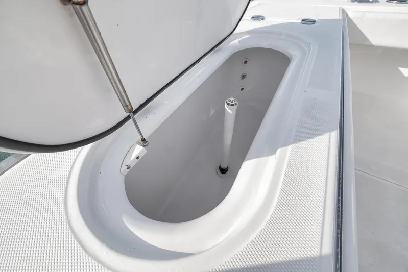 Bill Time Yacht Photos Pics Open storage compartment on 2016 Bahama 41 boat deck.