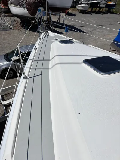 Lucky Dog Too Yacht Photos Pics Deck view of a 2008 Hunter 41 DS sailboat in a boatyard.