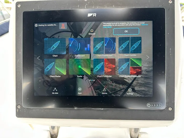 Lucky Dog Too Yacht Photos Pics Touchscreen navigation display on a 2008 Hunter 41 DS sailboat, showing various chart and radar options.