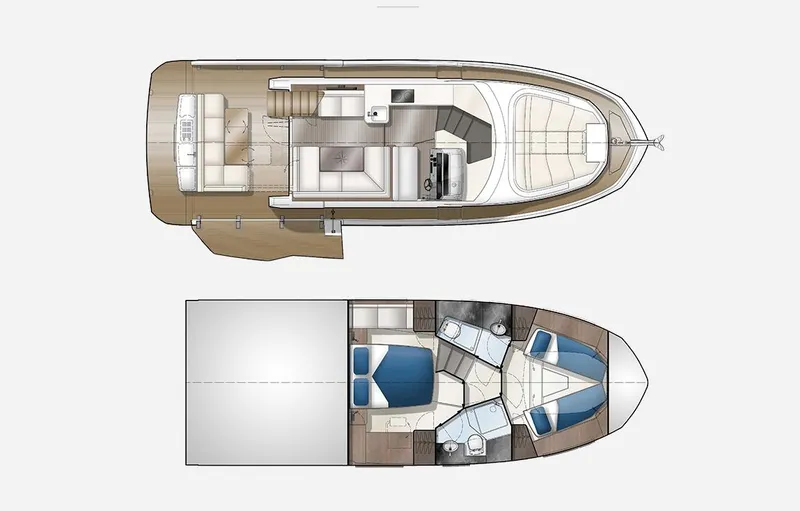  Yacht Photos Pics Floor plan of 2024 Galeon 410 HTC yacht, showcasing interior layout and design.