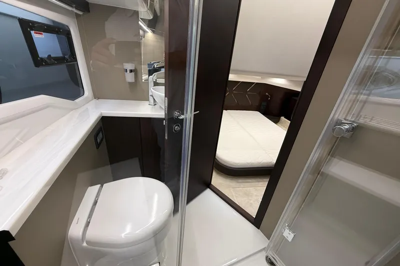  Yacht Photos Pics 2024 Galeon 410 HTC yacht interior featuring bathroom and bedroom with modern design.