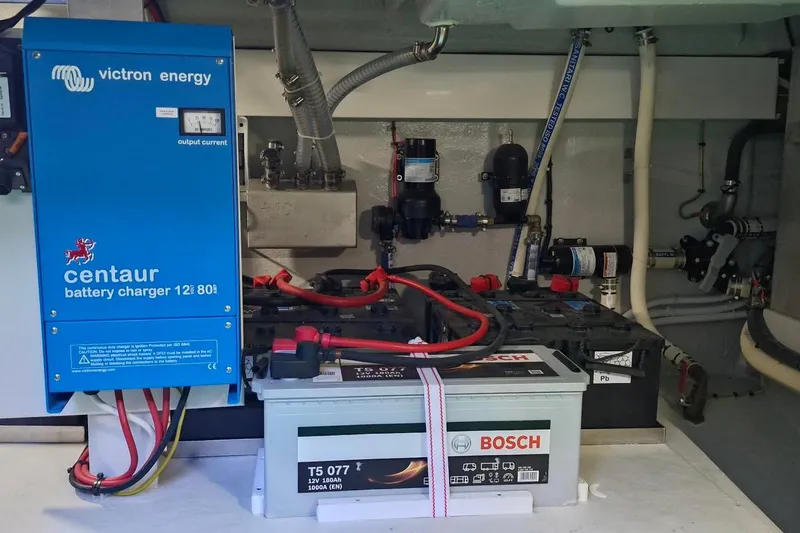  Yacht Photos Pics Electrical system of 2024 Galeon 410 HTC with Victron Energy charger and Bosch battery.