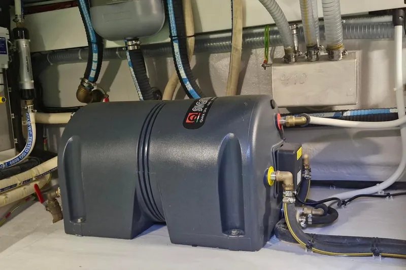  Yacht Photos Pics Engine room of 2024 Galeon 410 HTC yacht with advanced plumbing system.