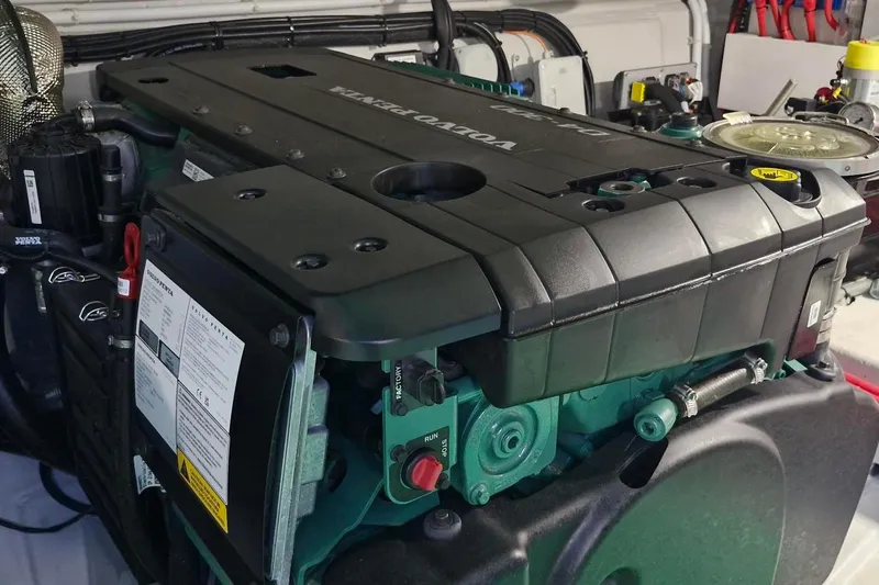  Yacht Photos Pics Engine compartment of 2024 Galeon 410 HTC yacht featuring a Volvo Penta engine.