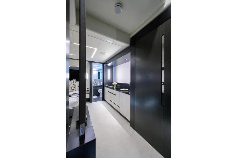 Shine Yacht Photos Pics Luxurious interior of 2022 Pershing 9X yacht with modern design and sleek finishes.